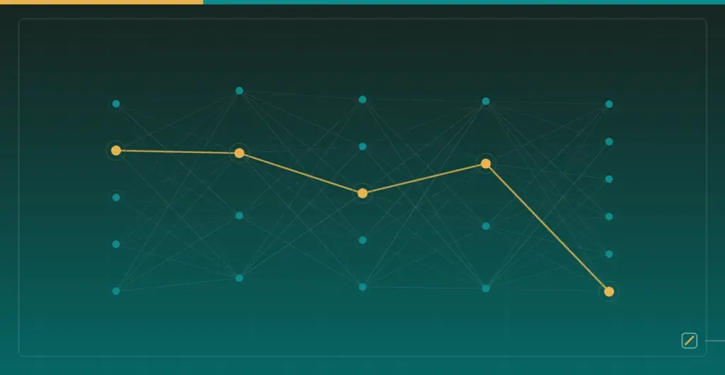 Transformer Attention Math: Q/K/V, Softmax Weights, Masks, and KV Cache — Layered neural network nodes and weighted connections